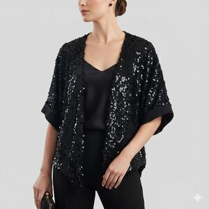 Upson Downes Black Sequin Kimono Sleeve Satin Evening Jacket Womens Size M